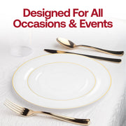 Photo-ready 10.25" gold-rimmed plate paired with cloth napkin and charger