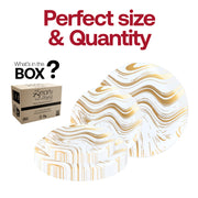 Photo-ready tablescape with white plastic dinnerware and flowing gold wave rim design