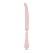 A sleek, pink Baroque Disposable Plastic Dinner Knife with a serrated edge and an intricately designed handle featuring ornate details and decorative patterns. The elegant utensil is positioned horizontally against a white background.