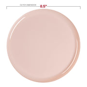 Pink 8.5-inch disposable plastic plates featuring a flat round design