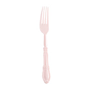 Pink Baroque disposable plastic dinner forks, 8 inches long, available in a 480-piece case