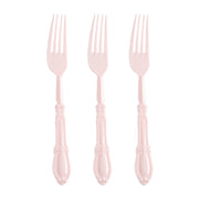 Pink Baroque plastic dinner forks, 8 inches, perfect for weddings, banquets, and sophisticated table settings