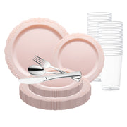 Pink Vintage Round Disposable Plastic Wedding Value Set with silver cutlery adds charm and grace to celebrations