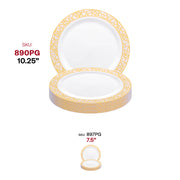 Pink and gold mosaic rim dinner plate with a white center, 10.25-inch round plastic design, disposable, 120-pack
