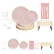 Pink and gold organic round disposable dinnerware set with plates, tablecloths, cups, and napkins for baby showers.