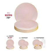 Pink and gold round plastic plates designed for appetizers or salads, 7.5-inch diameter, disposable and sold in a 120-pack