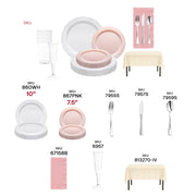 Pink and white dinnerware set arranged with silver utensils, perfect for romantic at-home dining moments