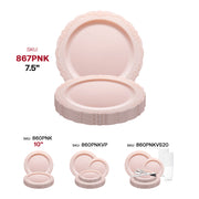 Pink appetizer plates with a classic vintage design, 7.5-inch round disposable plastic style, perfect for weddings
