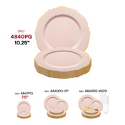 Pink disposable dinner plates with a round 10.25-inch design, adorned with a gold rim and blossom pattern