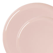 Pink flat round disposable plastic dinnerware set including 120 dinner plates and 120 salad plates, ideal for stylish and cheerful gatherings