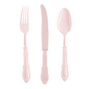 Pink plastic cutlery set with intricate Baroque-style embellishments, ideal for fancy parties, weddings, and upscale dining events