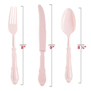Pink plastic cutlery set with intricate Baroque detailing, including 8” forks, 9” knives, and 8.25” spoons, perfect for events