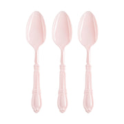 Pink plastic dinner spoons with a luxurious Baroque-inspired design, perfect for upscale dining events