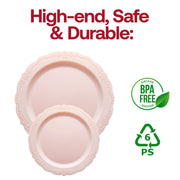 Pink round disposable dinner plates with a vintage look, crafted from durable plastic, 10 inches wide, pack of 120