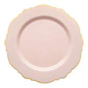 Pink round disposable plastic appetizer and salad plates with a gold rim and blossom design