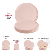 Pink round disposable plates, 8.5 inches in diameter, sturdy plastic with a flat design