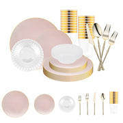 Pink with Gold Organic Disposable Plastic Tableware Set brings soft glamour and refined charm to weddings and special occasions