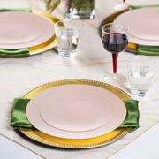Pink with Gold Organic Round Disposable Plastic Wedding Value Set, SKU 930PGVS20, includes 10.25" dinner plates, 7.5" appetizer plates, 7.25" forks, 8" knives, 6.25" spoons, and 4.5" cups