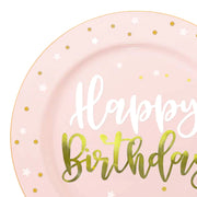 Pink with White and Gold Birthday Round Disposable Plastic Dinner Plates