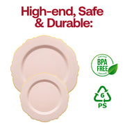 Pink with gold rim disposable salad plates, round design with a blossom pattern, 7.5-inch diameter, BPA-free