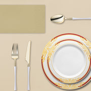 Plastic dinnerware set with burgundy and gold accents, ideal for Thanksgiving gatherings with loved ones.