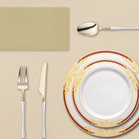Plastic dinnerware set with burgundy and gold accents, ideal for Thanksgiving gatherings with loved ones.