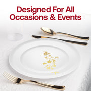 Plastic gold-rimmed plate stacked for quick setup at catered event with upscale décor