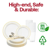 Plastic gold fork, knife, spoon and rimmed dinnerware shown arranged for plated catering service