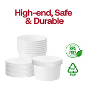 Premium 12 oz squat white paper food cup with matching lid, stylish and eco-friendly disposable packaging for hot or cold catering.