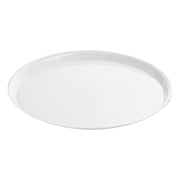 Premium 12" white heavyweight plastic round tray, chic and sturdy disposable serving platter for sophisticated wedding receptions and galas.