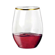 Premium 16-ounce clear stemless plastic wine glasses with a gold accent, elegant and disposable