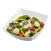 Premium 16 oz white wavy square plastic bowl shown at an angle, highlighting the sculpted wave rim and deep square well for soup and salad service.
