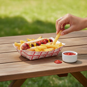 Premium 2 lb red checkered disposable paper tray featuring a jumbo fried chicken meal, retro-style food boat for professional catering service.