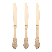 Premium 7.8-inch shiny gold plastic knives with a decorative Baroque design, disposable and stylish for upscale events; 600-pack