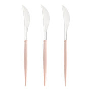 Premium 8-inch silver plastic dinner knives with a chic pink handle, disposable yet sturdy for upscale gatherings