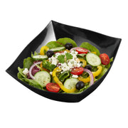 Premium 8 oz black wavy square plastic bowl shown at an angle, highlighting the sculpted wave rim and deep square well for dessert and appetizer service.
