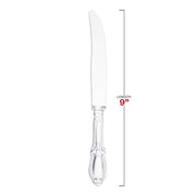 Premium 9-inch clear plastic dinner knives with a decorative Baroque design, disposable and stylish for upscale events