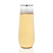 Premium 9-ounce clear stemless plastic champagne flutes with silver accents, elegant and disposable