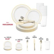 Premium BPA-free combo set includes 10.25" dinner plate, 7.5" salad plate, tumbler, and gold flatware