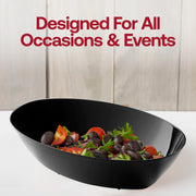 Premium black disposable plastic bowl on a dark tablecloth, sophisticated party tableware for formal dinners and evening events.