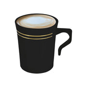Premium black plastic coffee mugs with gold-trimmed rim, round 8 oz size, durable and stylish
