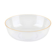 Premium clear heavyweight plastic serving bowl with gold rim, chic and modern disposable party supplies for formal dinner settings.