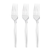 Premium clear medium heavy weight plastic forks shown fanned out, showing the tapered handle and crystal-clear finish of this disposable flatware.
