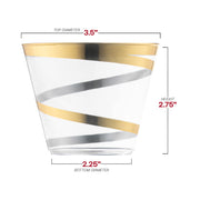 Premium disposable 9 oz clear plastic cups with gold swirl details, stylish and convenient for any occasion