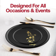 Premium disposable plate set with gold-accented black design styled with gold cutlery