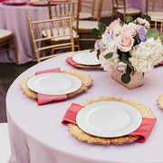 Premium event design showcasing White Round Charger Plates (13") on rustic wooden table with greenery decor