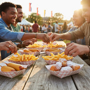 Premium family-sized 3 lb red checkered disposable paper tray featuring a massive meal combo, retro-style food boat for professional party catering.