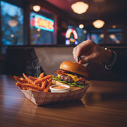 Premium family-sized 5 lb red checkered disposable paper tray featuring a massive feast, retro-style food boat for professional party catering.