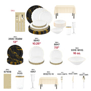 Premium gold and white cutlery set paired with clear champagne flutes for a romantic celebration.
