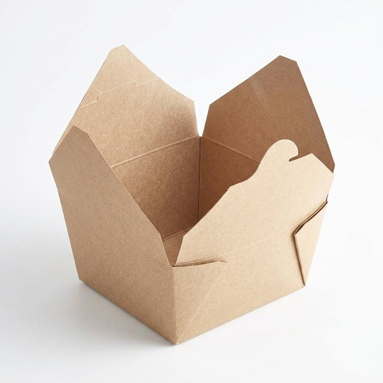 Premium kraft folded paper #1 takeout container shown open, showing the fold-top closure and grease-resistant natural brown paper build.
